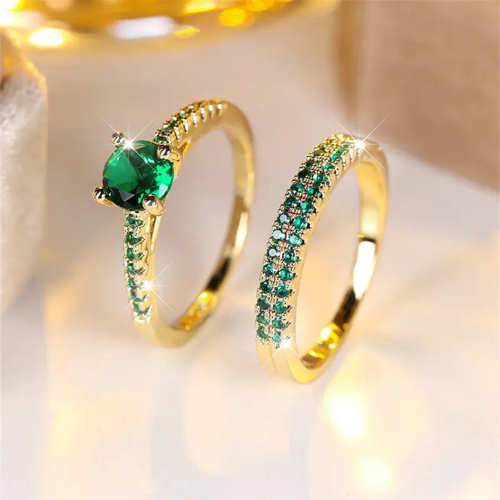 Conjunto de Anillos Dúo Serena Esmeralda en Oro