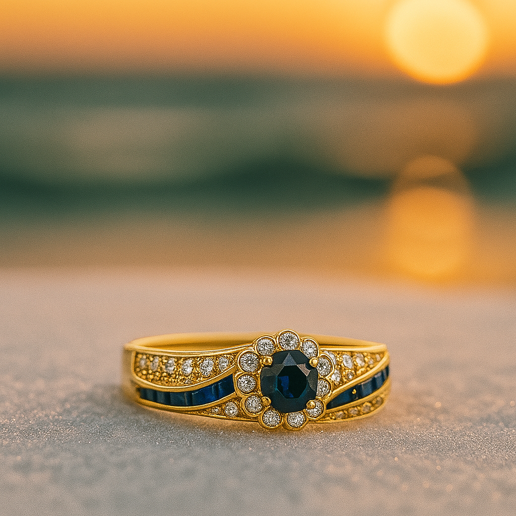 Abrazo del Océano – Anillo chapado con zirconia y cristal azul