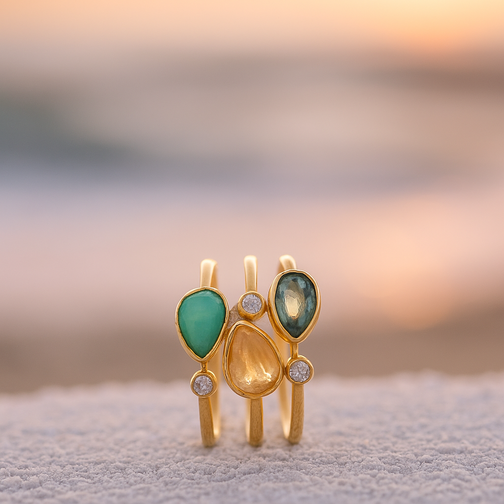 Tris di Luce – Anillo de latón dorado con zirconia vibrante