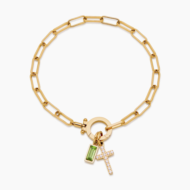 Pulsera con Charm de Cruz y Piedra de Nacimiento en Forma de Clip
