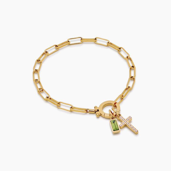 Pulsera con Charm de Cruz y Piedra de Nacimiento en Forma de Clip