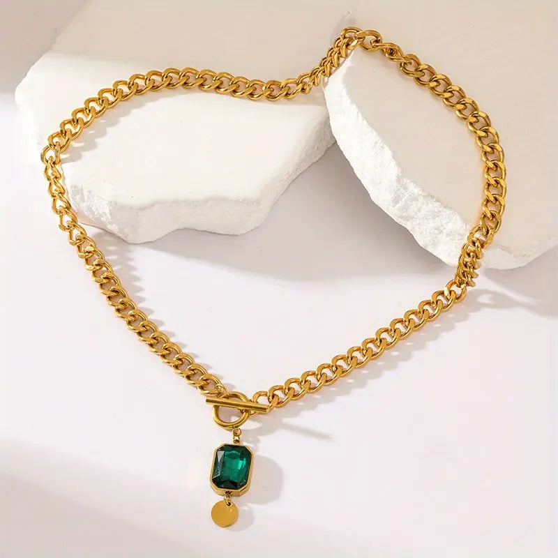 Collar de Colgante de Cadena Gruesa en Esmeralda y Oro