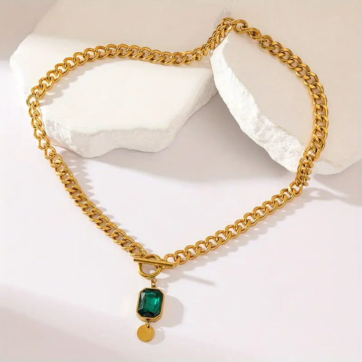 Collar de Colgante de Cadena Gruesa en Esmeralda y Oro