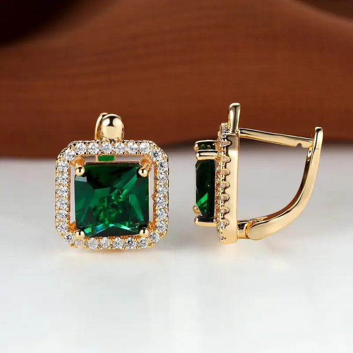 Pendientes de Oro con Circonitas Verdes Cuadradas