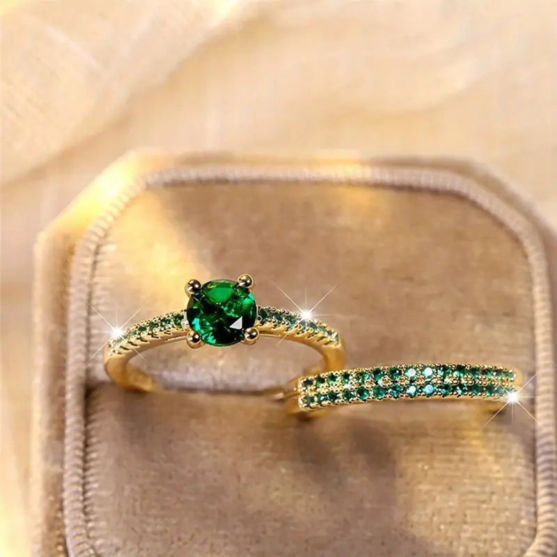 Conjunto de Anillos Dúo Serena Esmeralda en Oro