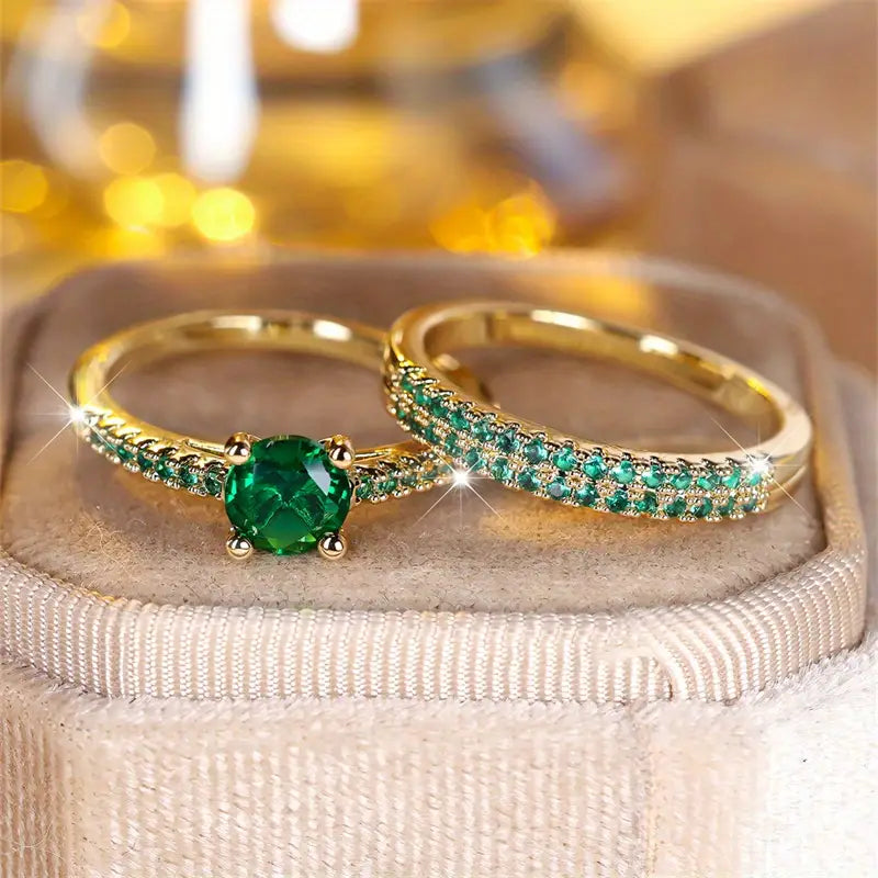Conjunto de Anillos Dúo Serena Esmeralda en Oro