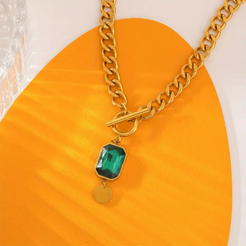 Collar de Colgante de Cadena Gruesa en Esmeralda y Oro