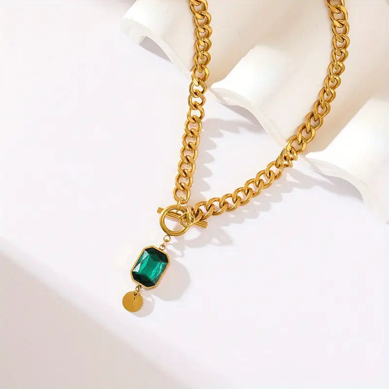 Collar de Colgante de Cadena Gruesa en Esmeralda y Oro
