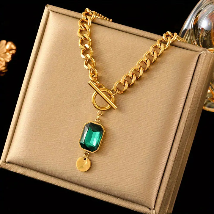 Collar de Colgante de Cadena Gruesa en Esmeralda y Oro