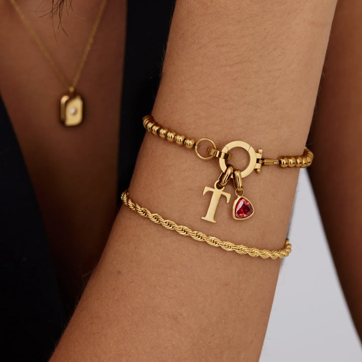 Pulsera de Charm con Inicial y Piedra de Nacimiento