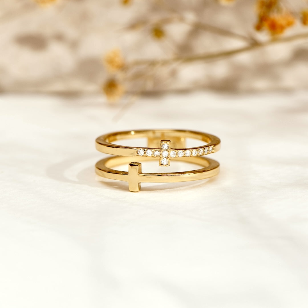 Anillo Doble Cruz - Oro