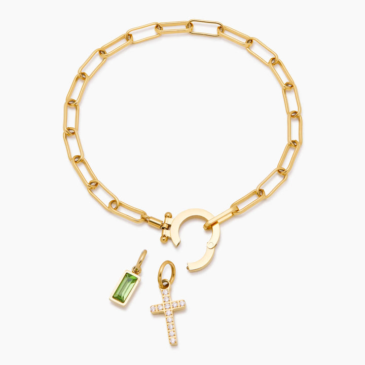 Pulsera con Charm de Cruz y Piedra de Nacimiento en Forma de Clip